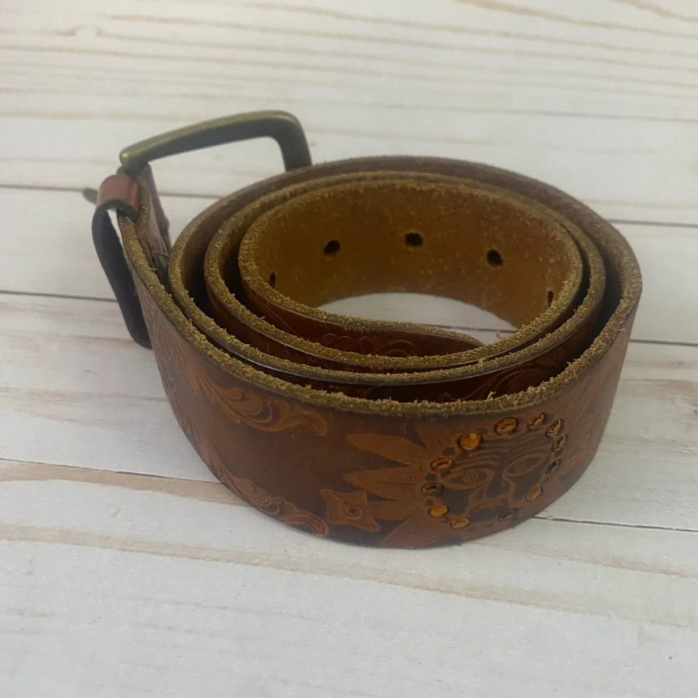 Vtg Hipwear Brown Leather Tooled Rhinestone Belt Boho Hippie Brass Buckle Sz L